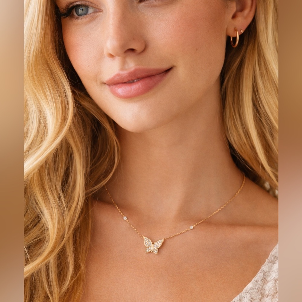 Sterling Silver 925 CZ Butterfly Necklace Gold Tone Delicate Layered Chain